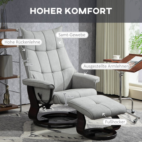 Rootz Recliner with Stool - Swivel Chair - Rocker Function - Velvet Comfort - 81x87x113cm / 81x110x105cm - Up to 150 kg - Grey