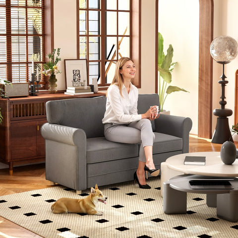 Rootz 2-Seater Sofa - Compact Living Room Couch - Linen-Look Fabric - Soft Seat Cushions - 150cm x 74cm x 86cm - Grey