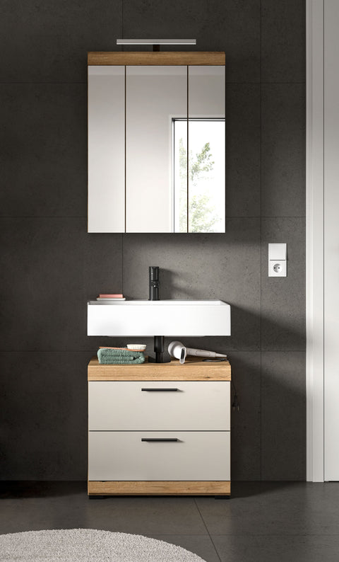 Rootz Bathroom Set - Washbasin Vanity Unit - Mirror Cabinet - Storage Solution - 60cm x 191cm x 34cm - Brown  - Space-Saving Design