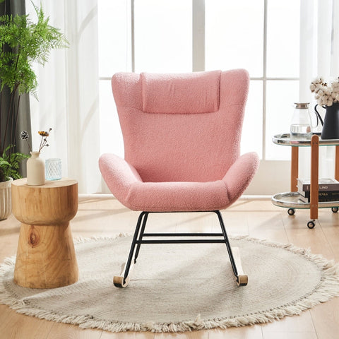 Rootz Pink Teddy Velvet Rocking Chair - Recliner - Lounge Chair - Ergonomic Comfort - 67.5L x 93W x 93H cm