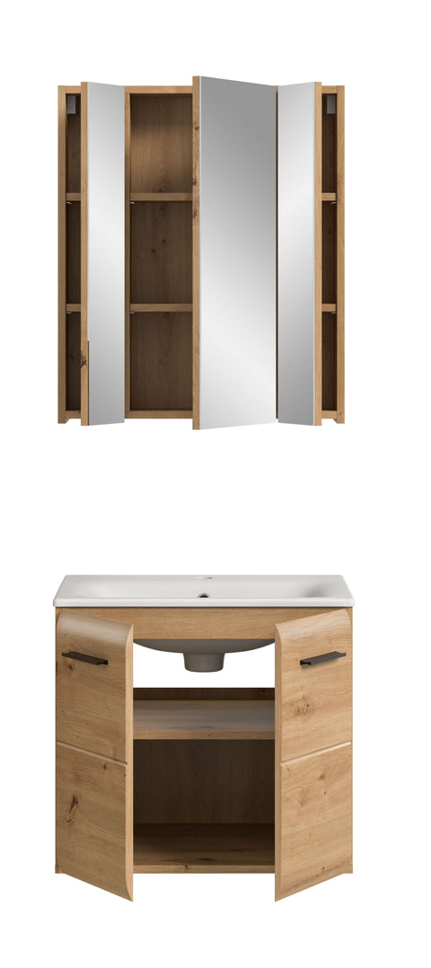 Rootz 3 Piece Bathroom Set - Vanity Unit - Mirror Cabinet - Space-Saving Design - Brown - 60x185x46 cm