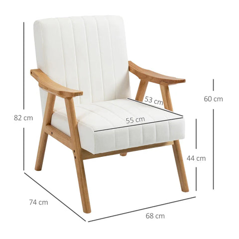 Rootz Upholstered Armchair - In Scandi Design - Velvet Look - Solid Wood Frame - Rubber Wood - Natural + Cream - 68 x 74 x 82cm