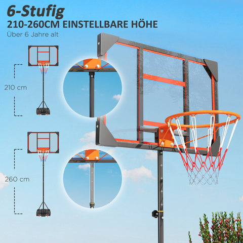 Rootz Children's Basketball Basket - Outdoor Basket - Adjustable Hoop - Height 210-260 cm, Mobile with Wheels, Red - 82cm x 2cm x 53cm