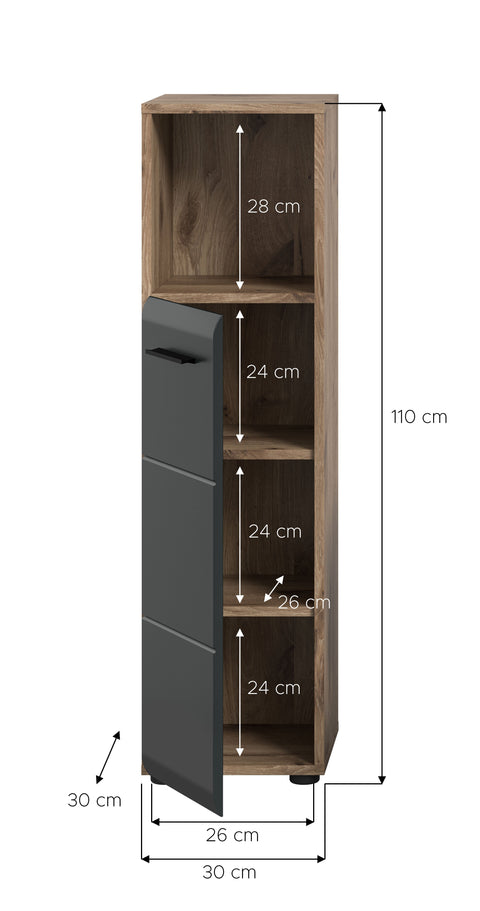Rootz Tall Standing Cabinet - Freestanding Storage - Narrow Organizer - Black and Brown - 2 Adjustable Shelves - 30x110x30cm
