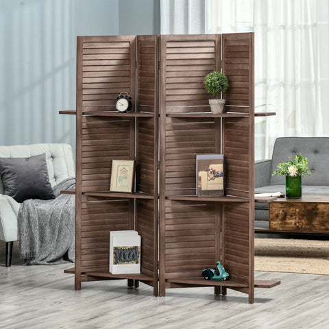 Rootz Wooden Screen 4 Panel Room Divider - Foldable Privacy Screen - Interior Partition - Rustic Walnut Design - 162cm x 170cm - 3 Shelves Included
