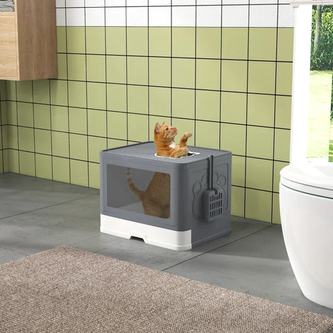 Rootz Cat Litter Box - Cover - Shovel - 2 Exits - Cat up to 4kg - Pull-out drawer - Plastic - Gray - White - 48.5 X 38 X 36.5 Cm