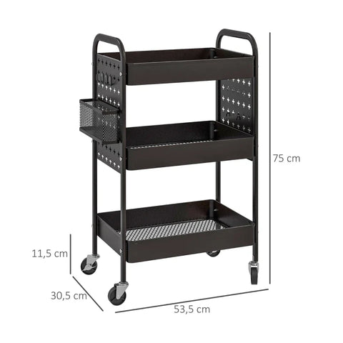 Rootz Multi-purpose Trolley - Kitchen Trolley - 3 Shelves - 4 Wheels - Black - 53.5 cm x 30.5 cm x 75 cm