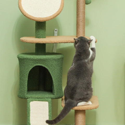 Rootz Cat Tree with Artificial Leaves - Scratching Post - Play Center - Plush & Jute Comfort - 48L x 44W x 139H cm