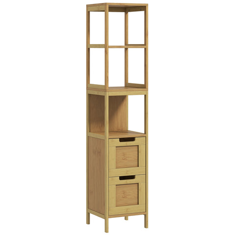 Rootz Bathroom Column Storage - Cozy Style - Organizer - 3 Shelves & 2 Drawers - Bamboo Elegance - 30b x 30t x 144h cm