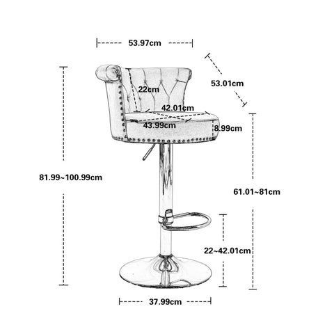 Rootz 2 Swivel Bar Stools Set - High-Back Chairs - Height Adjustable - Ergonomic Design - 54cm x 53cm x 82-101cm - Velvet & Gold Finish