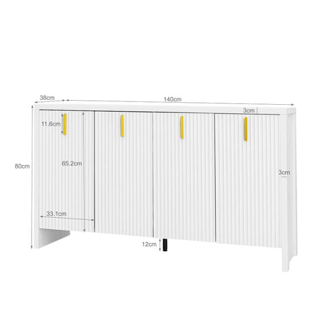 Rootz Minimalist Sideboard - Modern Storage Unit - Elegant Cabinet - Adjustable Dividers - White & Gold - 140L x 38W x 80H cm