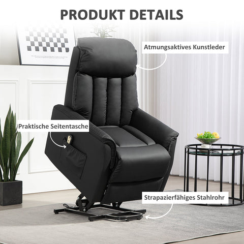 Rootz Electrical Up Armchair - TV Chair - Recliner Chair - Stand-Up Aid - Synthetic Leather - Black - 80cm x 94cm x 104cm