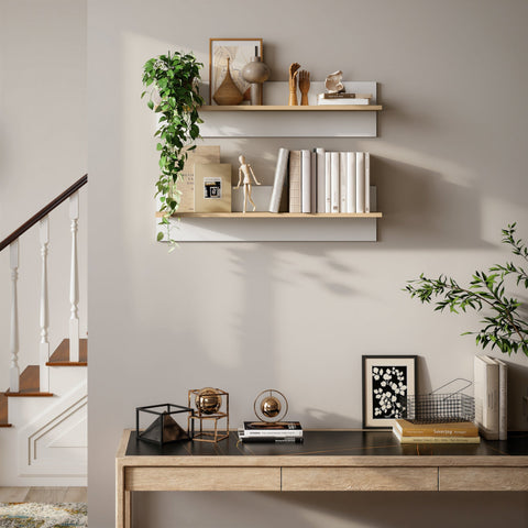 Rootz Wall Shelf Set of 2 - Floating Shelves - Display Shelf - Storage Solution - Durable & Easy to Clean - 80x16.5x20cm - White + Brown