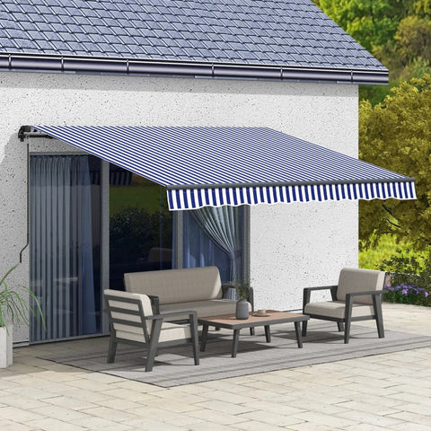 Rootz Sun Awning - Wall Mount - Awning Patio - Hand Crank - Weather Resistant - Aluminum-Metal - Blue - White - 350L x 290W cm