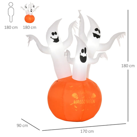 Rootz Inflatable Halloween Ghost with Pumpkin - Spooky Yard Decoration - LED Lighted Ghost - Durable Polyester - 170W x 90D x 180H cm