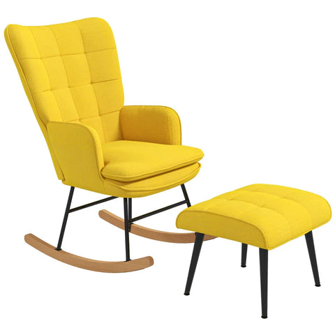 Rootz Rocking Chair With Ottoman - Scandi Design -brocking Chair With Footstool - Beech Wood - Quilting - Imitation Linen - Yellow - 64 cm x 89 cm x 90 cm