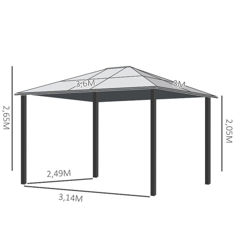 Rootz Hardtop Gazebo with Polycarbonate Roof - Outdoor Pavilion - Weather-Resistant Shelter - Durable Aluminum Frame - UV Protection - 360cm x 295cm x 265cm