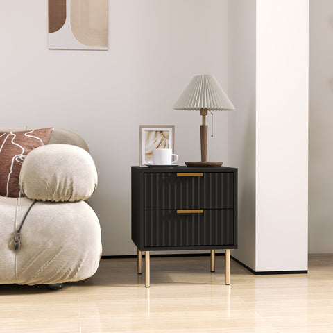 Rootz Bedside Table - Grooved Side Table - 2 Drawer Nightstand - Luxury Gold Handles - 40x39x48cm - Elegant Black with Steel Legs