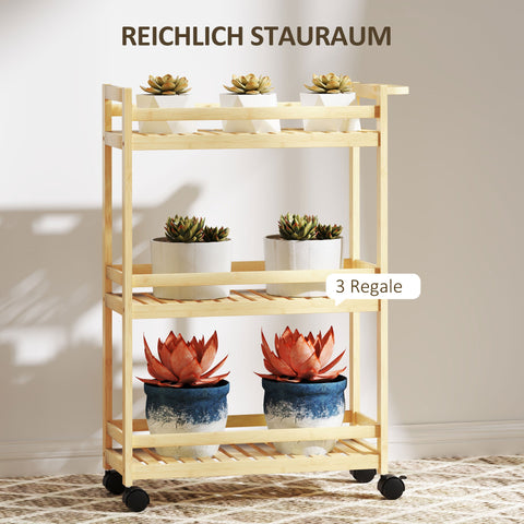 Rootz 3 Floor Bamboo Serving Cart - Storage Car - Rolling Trolley - Mold-Free Slat Shelves - 55cm x 20cm x 75cm