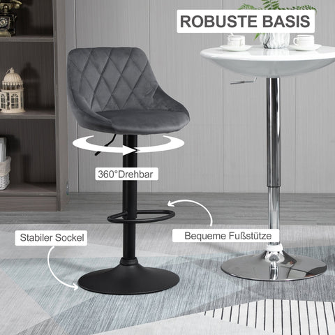 Rootz Set of 2 Bar Stools - Height Adjustable Chairs - Swivel Seats - Velvet Upholstery - Ergonomic Comfort - 46x48x83-104cm, Grey