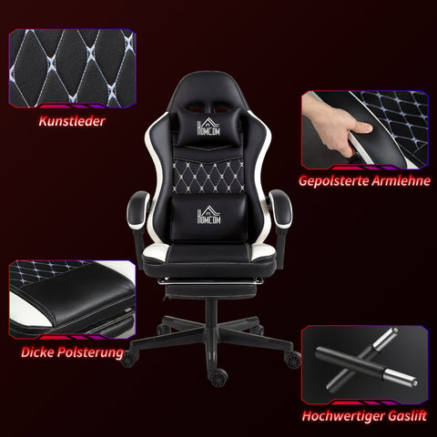 Rootz Gaming Chair with Footrest - Computer Chair - Ergonomic Seat - Stress-Reducing - 62cm x 107cm x 99cm - Black/White