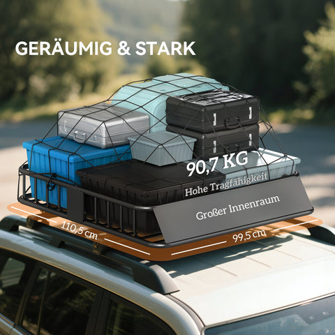 Rootz Car Roof Rack Basket - Cargo Carrier - Luggage Holder - Heavy Duty, 200lb Capacity, Wind Deflector, Silver, Black, 110.5 x 99.5 x 18.5 cm