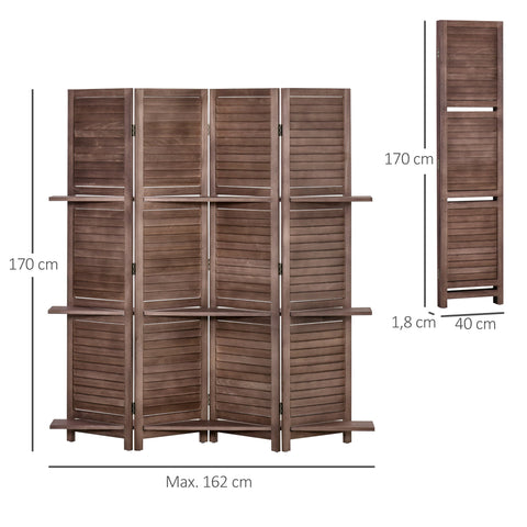 Rootz Wooden Screen 4 Panel Room Divider - Foldable Privacy Screen - Interior Partition - Rustic Walnut Design - 162cm x 170cm - 3 Shelves Included