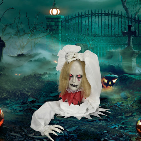 Rootz Halloween Decoration Zombie Bride - Spooky Decor - Animated Halloween Prop - Flashing Red Eyes - Eerie Howls - Motion Sensor - 90cm x 20cm x 36cm