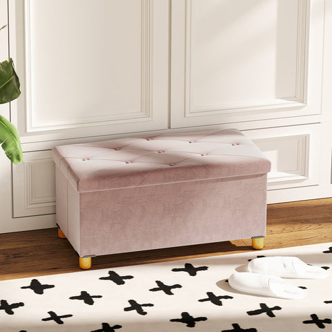 Rootz Foldable Storage Bench - Bedbell - Ottoman - 67L Capacity - Velvet Comfort - 76L x 38B x 38H cm - Pink