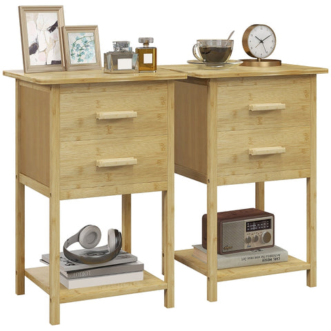 Rootz Nordic Bedside Tables Set - Nightstands Pair - 2 Drawer Nightstands - Spacious Bottom Shelf - Bamboo Frame - Lacquered Surface - 40cm x 34cm x 60cm