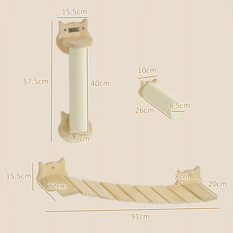 Rootz Wall Scratching Post Set - Cat Climbing Wall - Furniture Protector - Space-Saving Design - Pine Wood - Scratching Post 15.5x12.5x57.5cm, Ladder 91x22x15.5cm