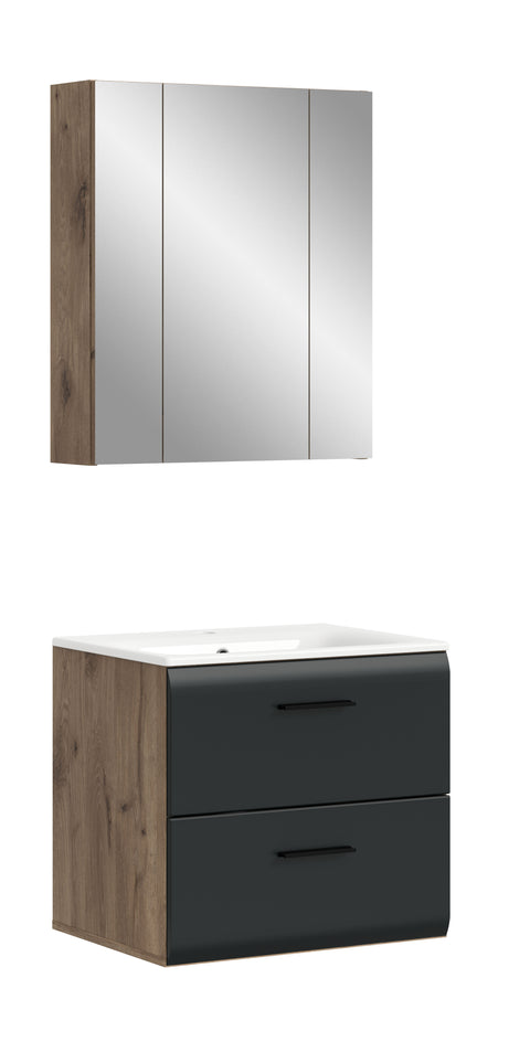 Rootz 3-Piece Bathroom Set - Vanity Combo - Storage Unit - Space Saving - 60x185x46cm -Black & Brown Finish