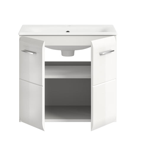Rootz White Gloss Washbasin with Vanity Unit - Sink - Ceramic Insert - Ample Storage - 60x55x46 cm