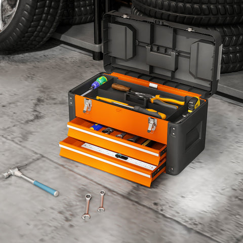 Rootz Tool Box - Storage Chest - Steel Organizer - Scratch & Rust Resistant - 49.7cm x 25.3cm x 28.9cm