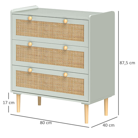 Rootz Bedroom Chest of Drawers - Clothing Storage - Rattan Fronts - Anti-Tipping Design - 80L x 40W x 87.5H cm - Green and Brown MDF