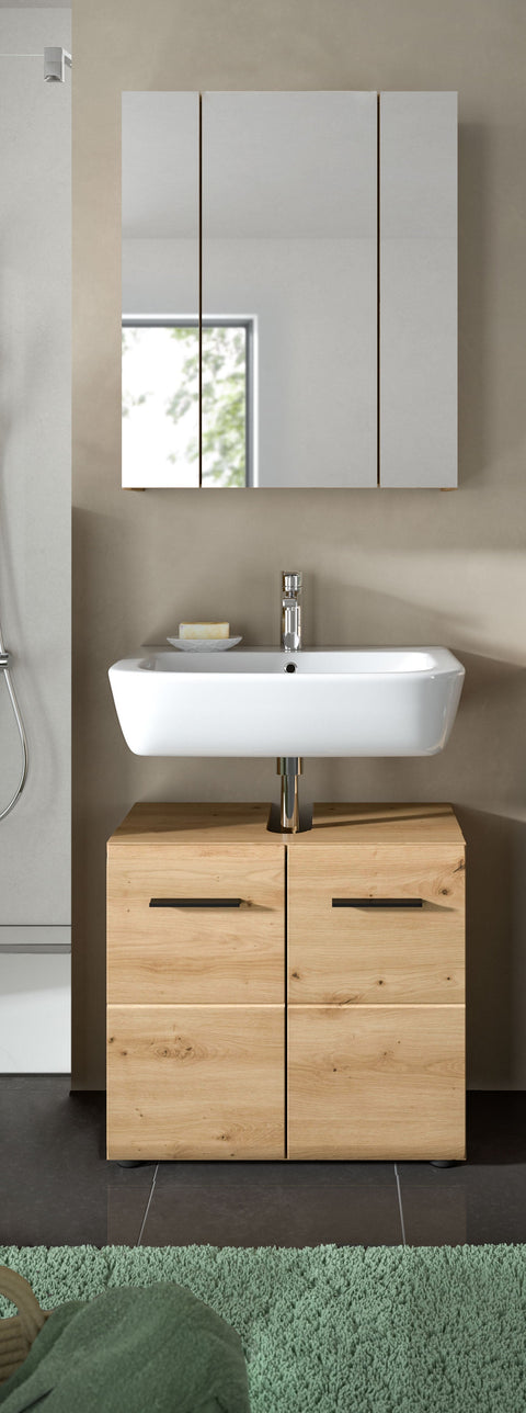 Rootz 2 Piece Set Bathroom Combo - Vanity & Mirror Cabinet - Brown Finish - Space Saver - 60x185x30 cm