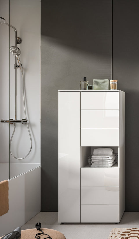 Rootz Freestanding Bathroom Cabinet - Storage Unit - Organizer - Easy Installation - 60x133x34 cm - White High Gloss