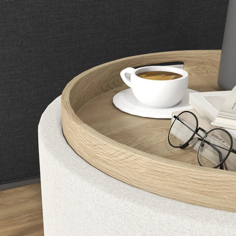 Rootz Stool - Upholstered Stool - Linen - Hidden Storage - Reversible Lid - Cream + Natural - 5.6cm x 56cm x 42cm