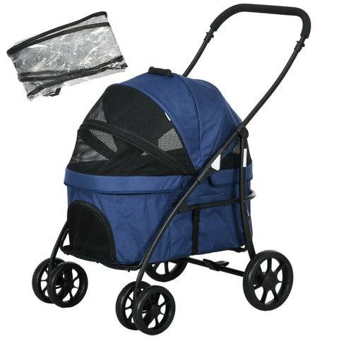 Rootz Dog Buggy - Pet Stroller - Foldable - Rain Cover - Pet Cart - 2 Safety Lines - Oxford Cloth - Steel - Dark Blue - 81x 68 X 98.5 Cm