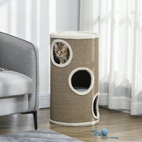 Rootz Cat Scratching Barrel - Kitty Condo - Cat Tree - Soft Plush - Sisal Rope - Sleep Cave - 38cm x 70cm - Brown