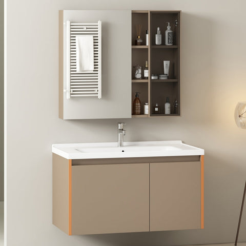 Rootz Light Brown Bathroom Furniture Set - Washbasin Cabinet - Vanity Unit - Easy to Clean - 90cm x 47cm x 48cm & Mirror Cabinet 80cm x 12cm x 75cm