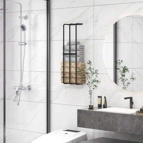 Rootz Wall Mounted Towel Rail - Towel Rack - Bath Towel Holder - Vertical Design - Space Saving - Durable Metal - Black Finish - 21cm x 12cm x 74cm