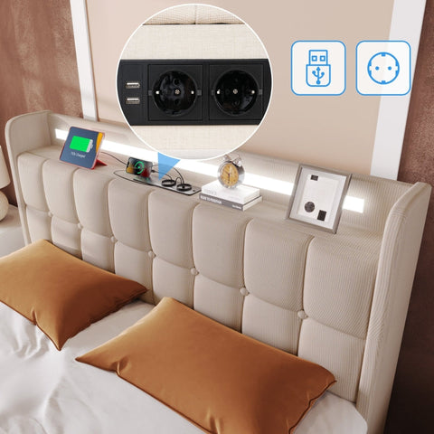 Rootz Padded Double Bed - Upholstered Bed - Linen Bed - USB Charging & LED Lighting - Beige - 144.5cm x 220cm x 103.5cm