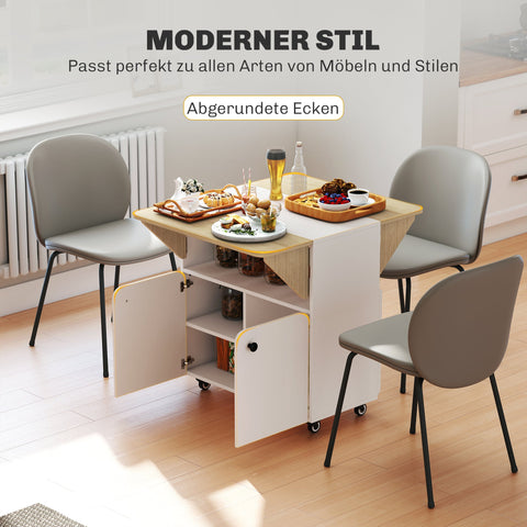Rootz Folding Table Cabinet - Convertible Dining Table - Expandable Roller Cabinet - Space-Saving Design - 70 x 83 x 75cm - White + Brown