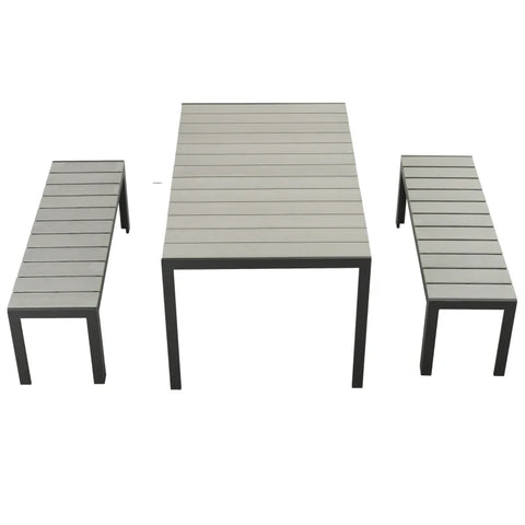 Rootz Garden Furniture Sets - 3 Piece - Patio Furniture Set - 2 Benches - 1 Table - Metal Frame - Wood Look - Steel - Gray - 150L x 90W x 75H cm