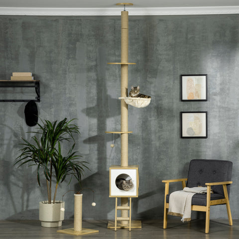Rootz Adjustable Cat Scratching Post - Cat Tree Tower - Cat Activity Center - Floor to Ceiling - 40cm x 40cm x 225-285cm