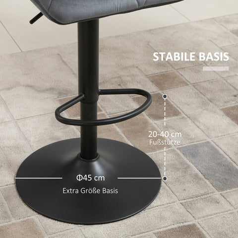 Rootz Bar Stool Set of 2 Grey- Padded Bar Chairs - Velvet Look Stools - Adjustable, Ergonomic - Metal Frame, 360° Rotation, 57x58x97-117cm