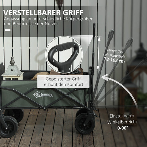 Rootz Foldable Garden Transport Car - Handcart - Resilient Wagon - 120kg Capacity - 125cm x 48cm x 78-102cm