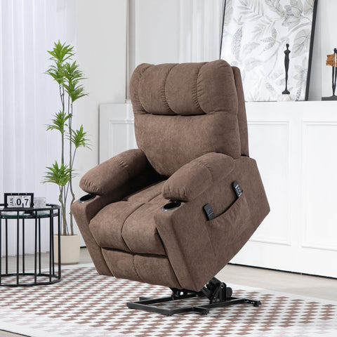 Rootz Electric Riser TV Recliner Chair - Massage Points - Footrest - Remote Control - Brown - Polyester Fabric - 91cm x 95cm x 109cm