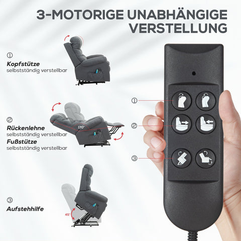 Rootz Grey Electric Reclining Armchair - Upholstery Chair - Massage Function - Senior Mobility Aid - 93cm x 100cm x 112cm